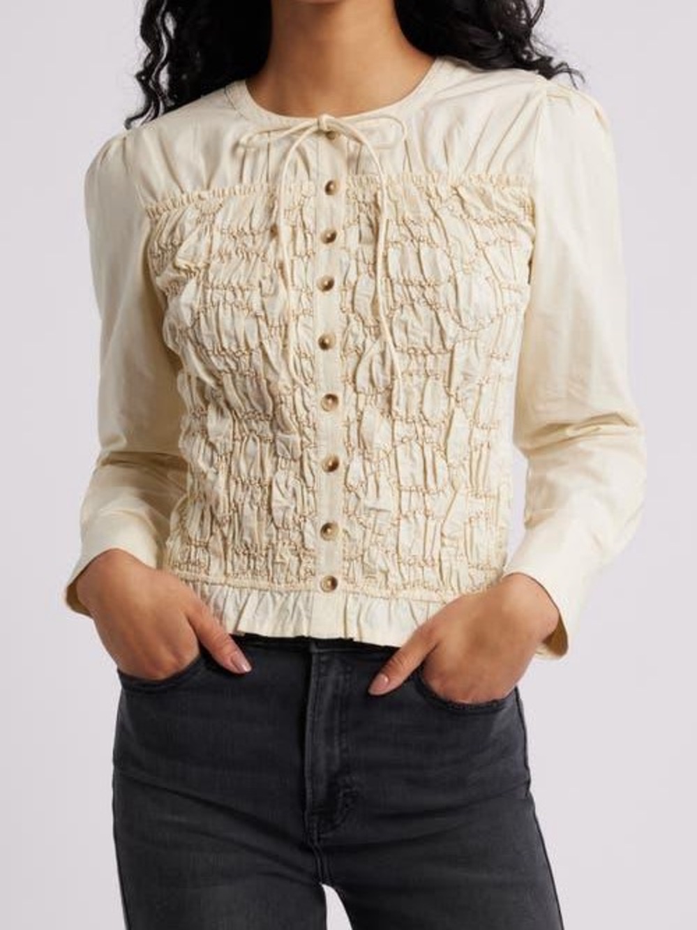 Damson Madder Natural Elliana Smocked Organic Cotton Cardigan